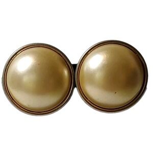 Vintage‎ Lisner Clip On Earrings Faux Pearl and Silver Tone Round Metal One Inch